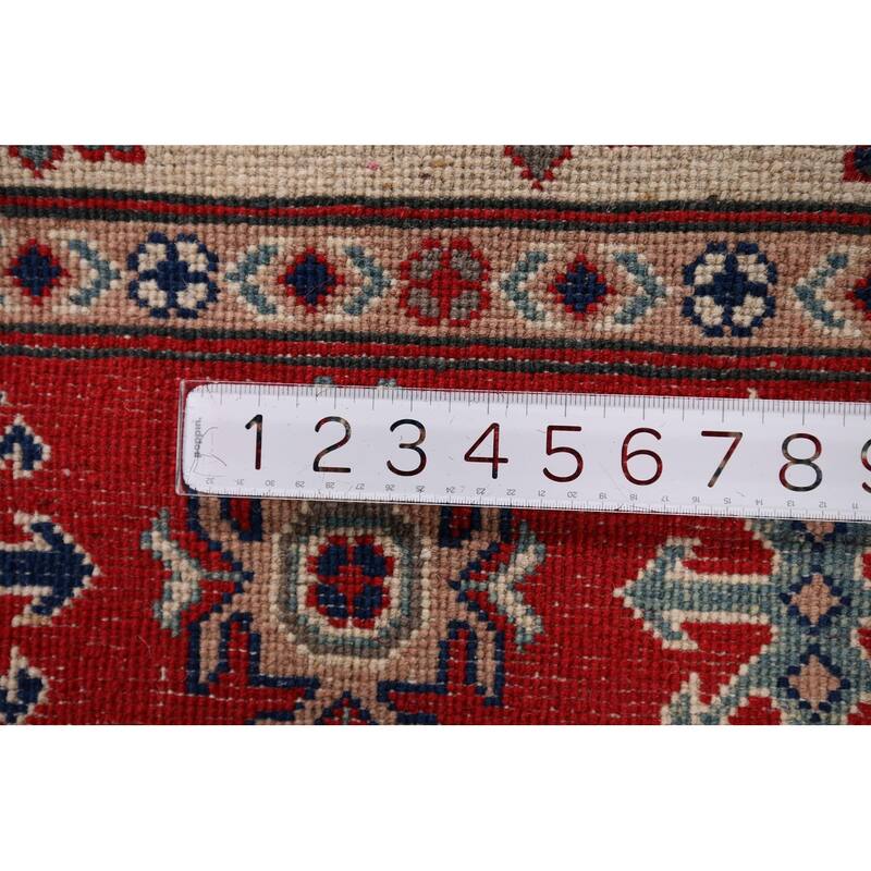 Geometric Kazak Area Rug Hand-Knotted Bedroom Beige Wool Carpet - 5'2" x 6'7"