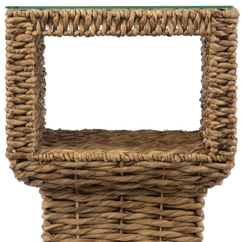 23" Square Natural Brown Rattan Wicker End Side Table with Clear Glass Top for Living Room or Bedroom - 22.5" H x 18" W x 18" L