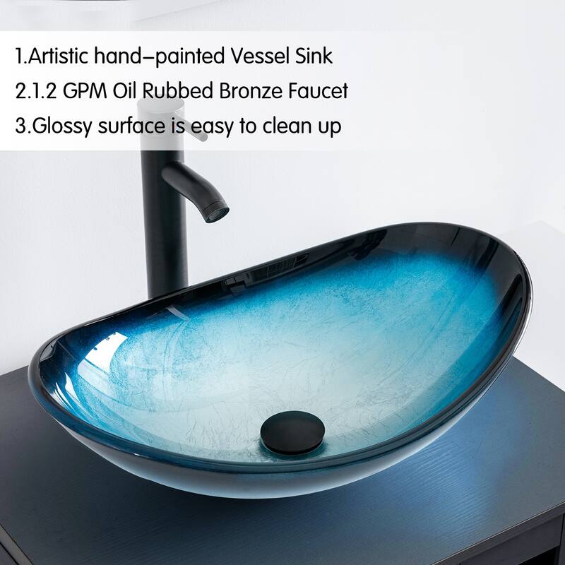 72" Bathroom Vanity Set with Vessel Sink Side Cabinet Combo - Glass blue boat sink - Black