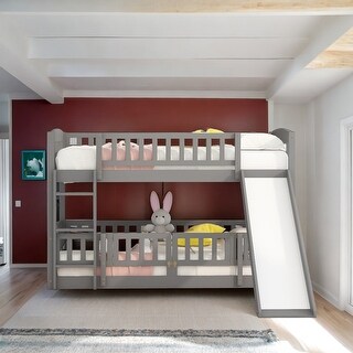 Twin Over Twin Low Bunk Bed with Slide, Fence and Ladder, Grey