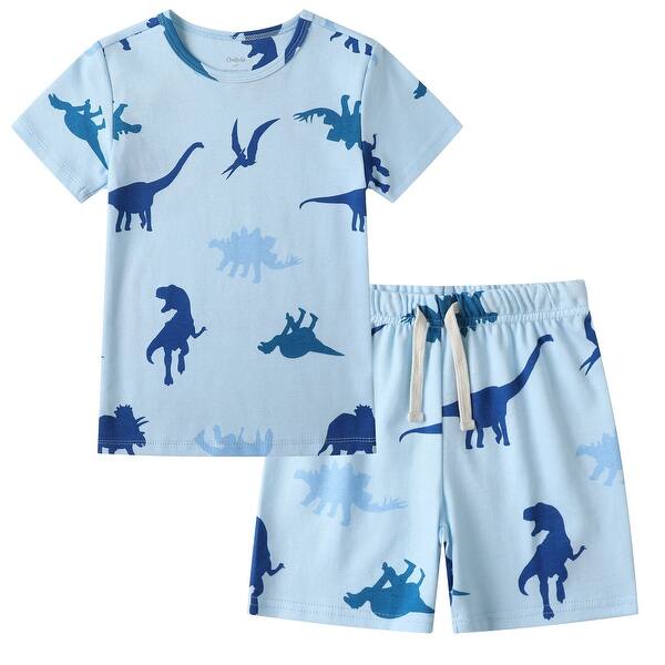 slide 2 of 4, 100% Organic Cotton Toddler Summer 2 Piece short sleeve Pajama Set - Blue Dinosaur 12-24 Months