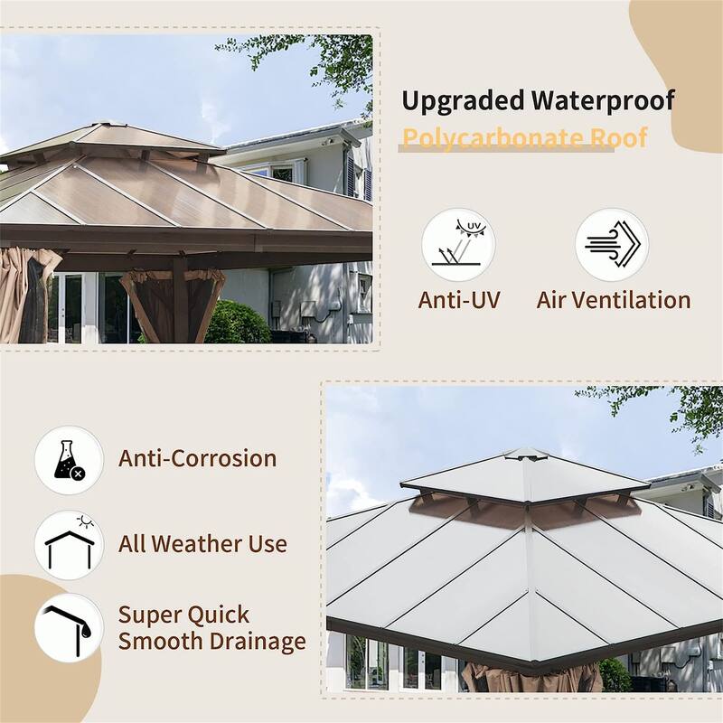 GDFStudio - Everett Permanent Outdoor Gazebo Pavilion with Double Roof and Full Privacy Setup