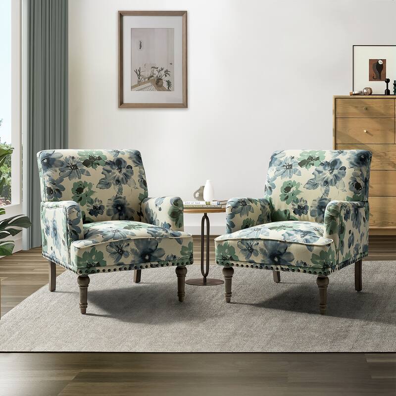 Pavia Traditional Floral Fabric Design Upholstered Accent Armchair with Nailhead Trim Set of 2 by HULALA HOME