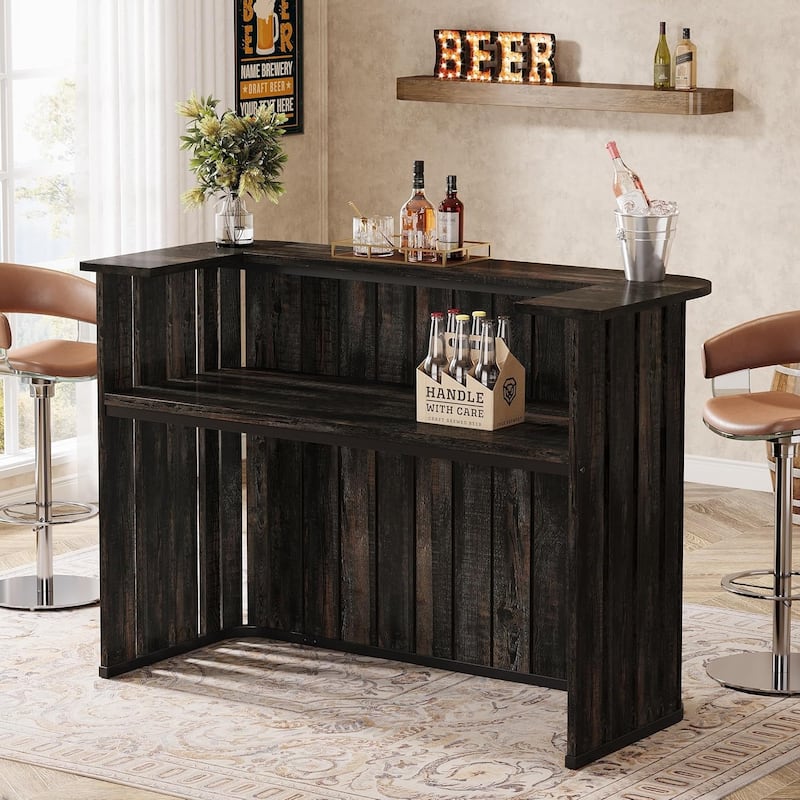 63" U-Shaped Home Bar Unit, Modern Farmhouse Bar Table with 2-Tier Shelves - 62.99" L x 23.62" W x 43.89" H