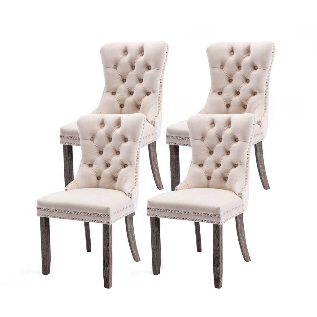 Upholstered Dining Chairs Set of 4, Velvet Tufted Dining Chairs with Nailhead Back and Ring Pull Trim, (Beige) - as picture