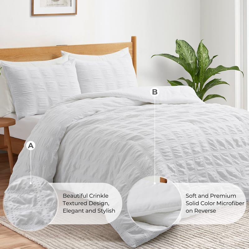 3-Piece Seersucker Bubble Ruffled Chic Comforter Set - White - King