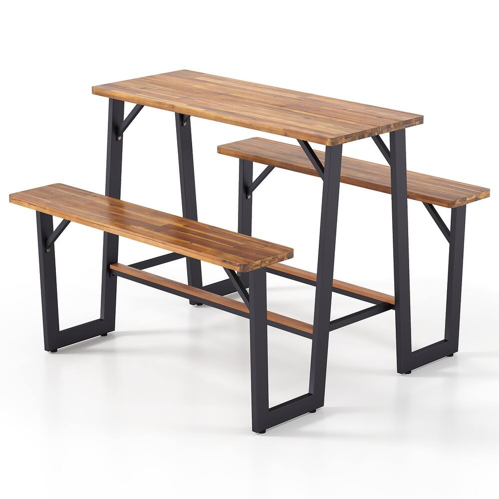 Natural Black Acacia Wood Outdoor Picnic Table with Metal Frame and Benches - 53" × 49.5" × 39.5"