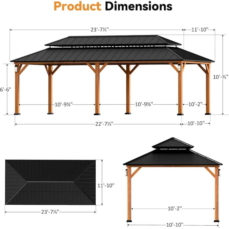 Permanent Hardtop Gazebo 12' x 24' with 4 LED Lights, Outdoor Gazebo w/Galvanized Steel Double Roof,Wood-Looking