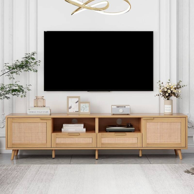 Farmhouse Rattan TV Stand for TVs up to 85" with Storage & Wood Legs