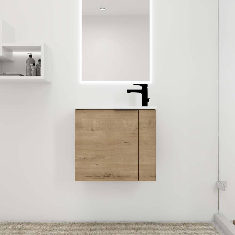 22 inch Plywood Wall-Mounted Bathroom Vanity in Grey Oak with Integrated Ceramic Sink in White with Soft Closing Door