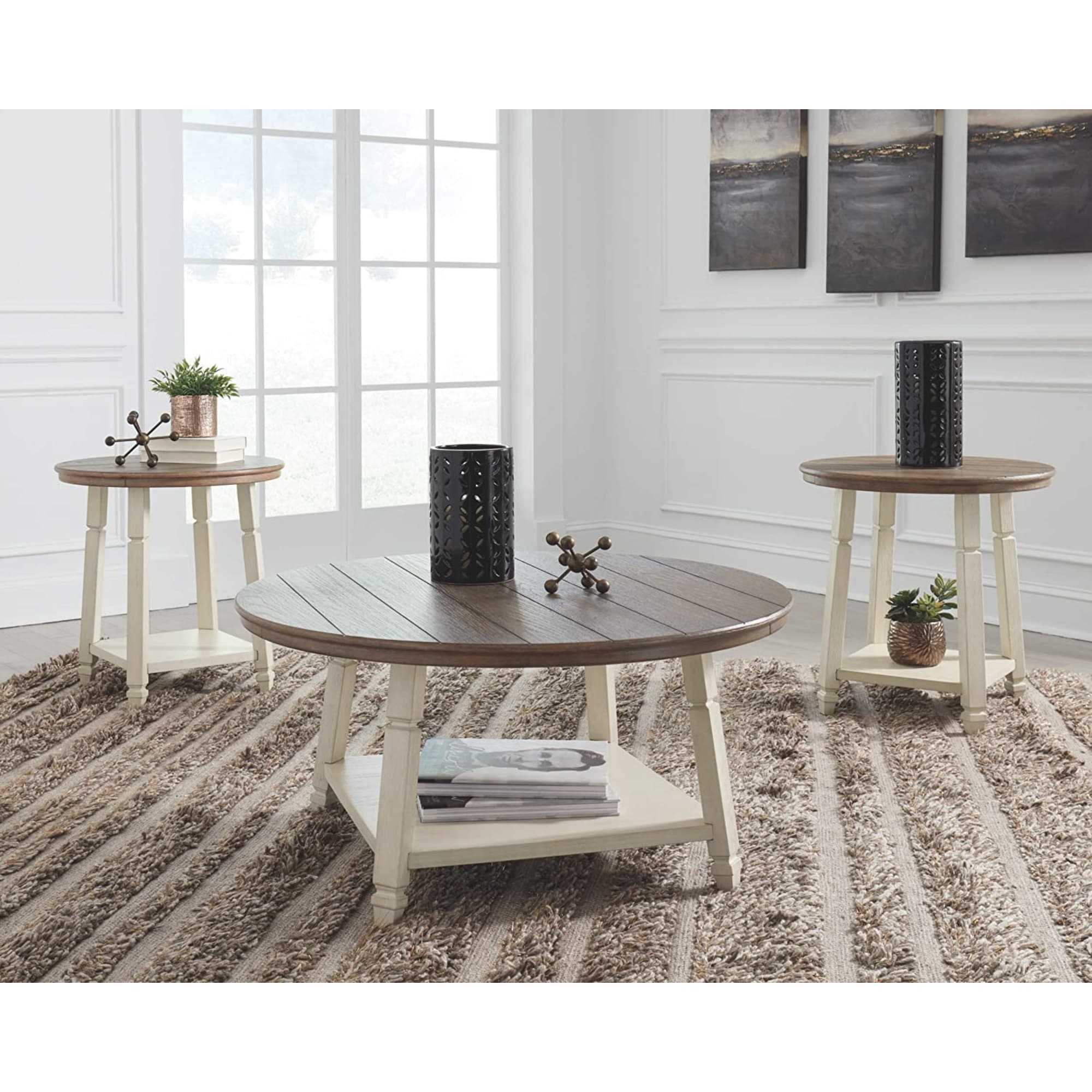 Shop Farmhouse Occasional Coffee Table Set Of 3 Brown Wood Antique White 40 X 40 X 19 Inches Overstock 31484022 End table comes with one drawer for storage. overstock com