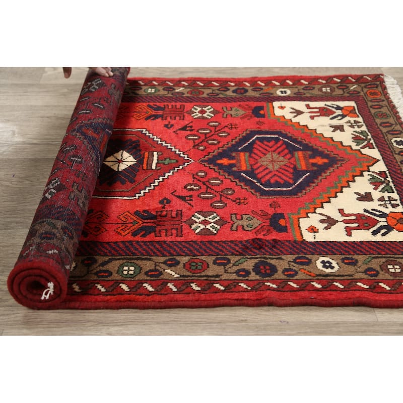 Geometric Persian Hamedan Area Rug Wool Hand-knotted Kitchen Carpet - 3'2" x 4'7"