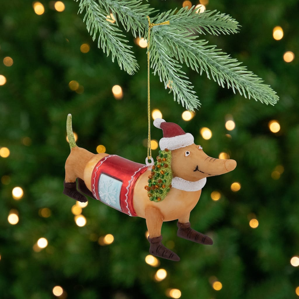 Dachshund Dog with Santa Hat Glass Christmas Ornament - 5.75"