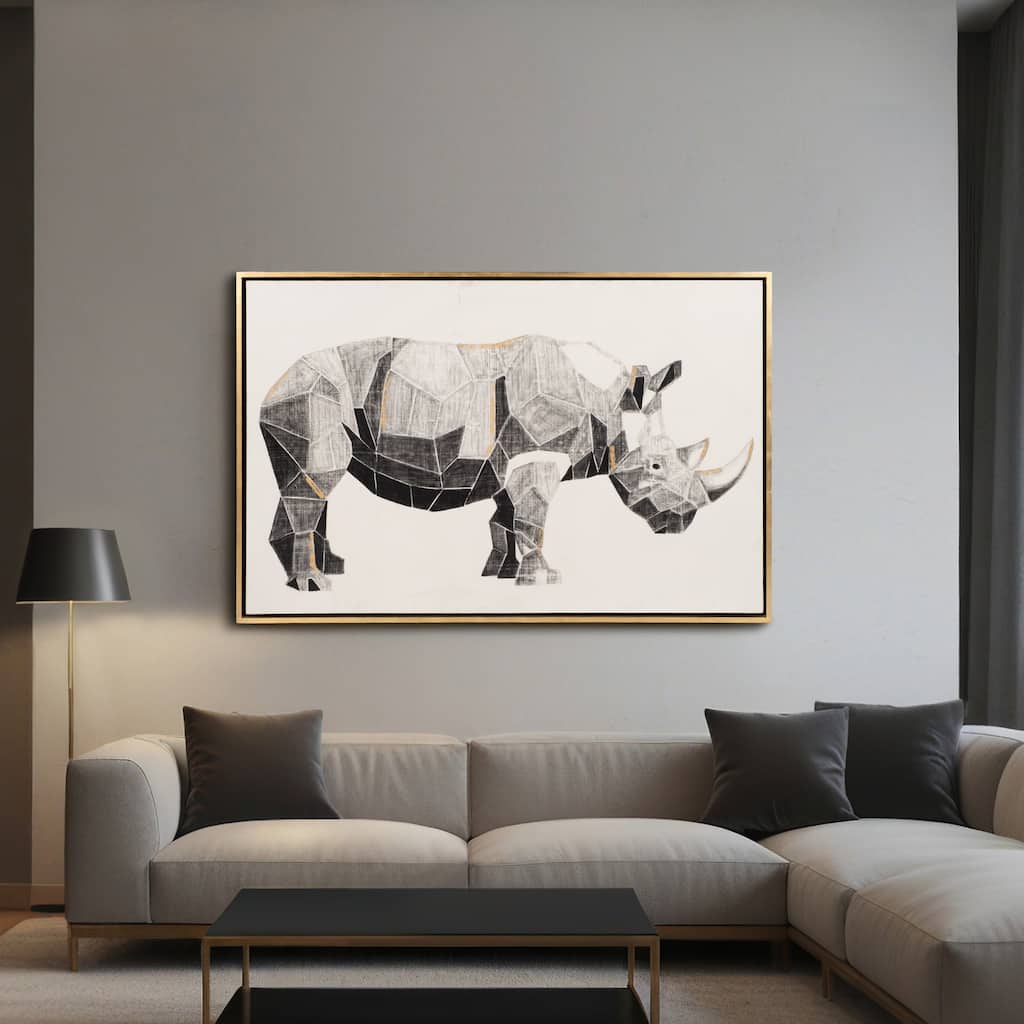 Geo Rhino Charcoal Drawing with Gold Leaf, Contemporary Art, Gray and Gold, 71 W x 3 D x 47 H
