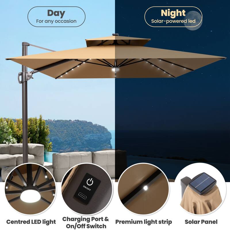 9 x 11 FT Outdoor LED Lighted Patio Cantilever Umbrella with 4-Piece Fillable Weighted Base