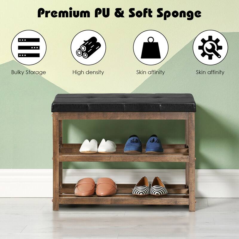 Gymax 2-Tier Wooden Shoe Rack Bench w/Padded Seat for Entryway Bedroom - 31'' x 16'' x 24''