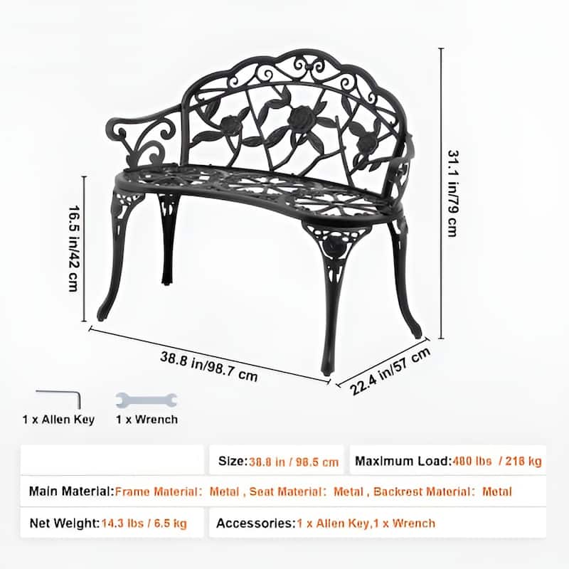 Black Metal Outdoor Garden Bench, Floral Design, 480lb Patio Seating - 22.4” L x 38.8” W x 31.1” H