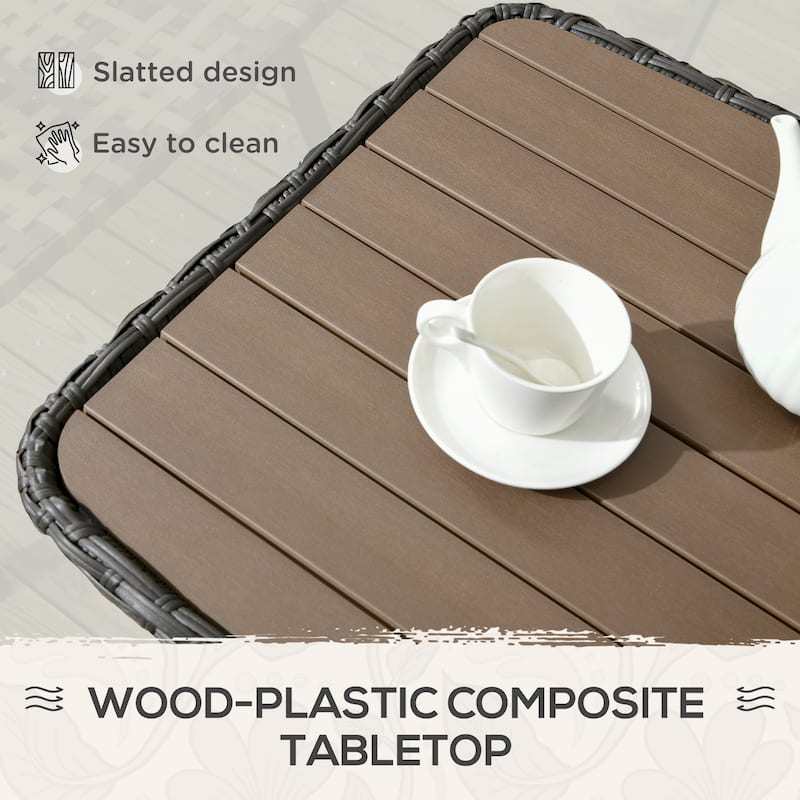 Patio PE Rattan Coffee Table with Storage Shelf, Outdoor 2-Layer Side Table with Wood-plastic Composite Top