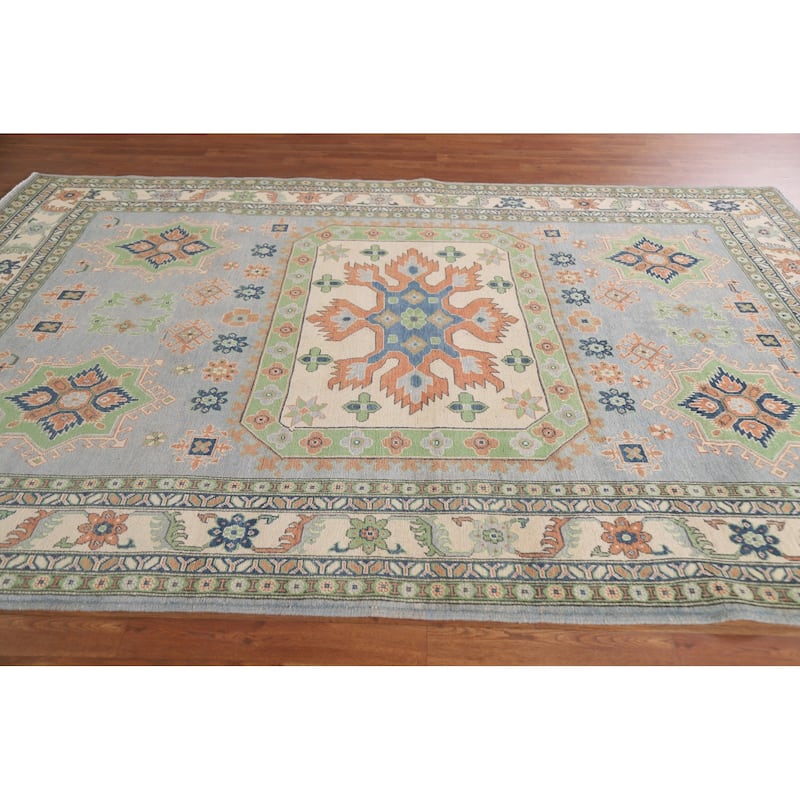Hand Knotted Oriental 100% Wool Carpet Traditional Geometric Greys & Charcoal Kazak Area Rug - 9' 10'' X 6' 10''