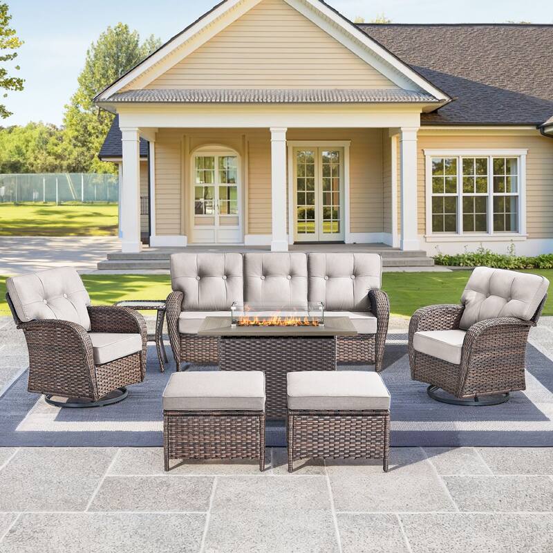 7 Pieces Outdoor Sofa Chair Ottoman with 41" Fire Table - Brown Wicker & Beige Cushion