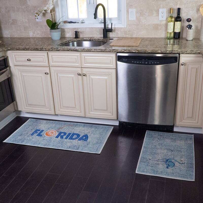 US States Design Non Skid Washable Kitchen Runner Rugs Set of 2 - Set of 44 x 24 and 31.5 x 20 Inches Low Pile Floor Mats