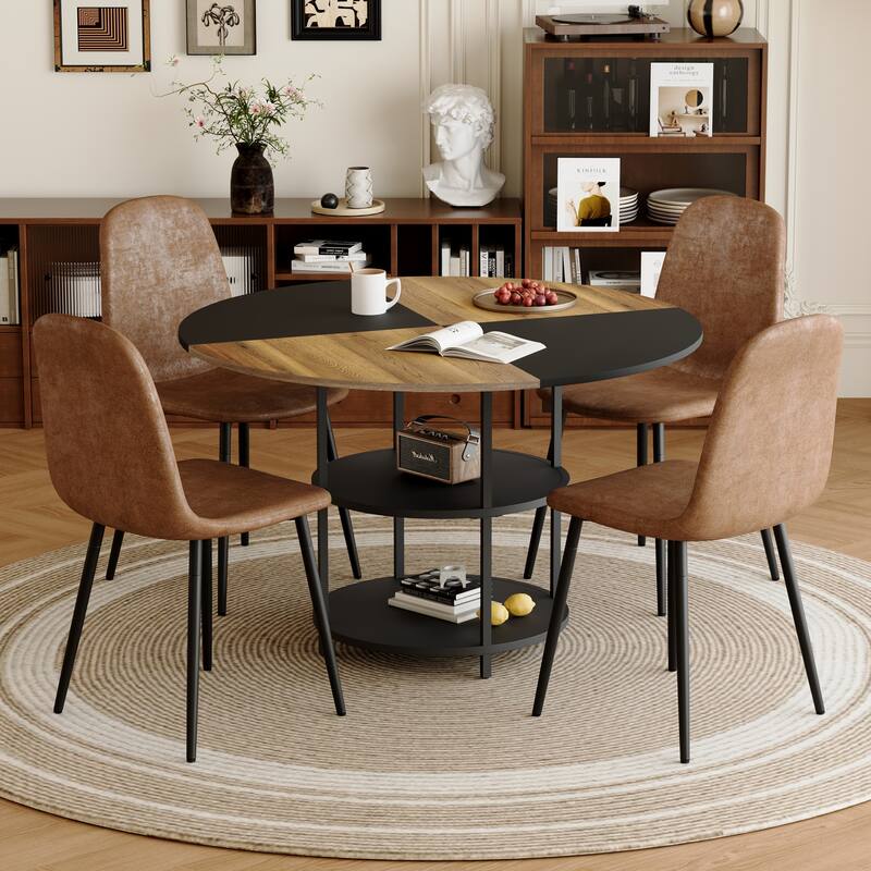 5-piece Natural and Black Spliced Round Dining Table Set with Double-Layer Storage Shelf, Anti-Slip Feet