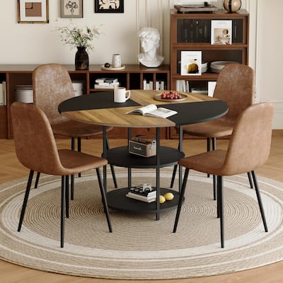 5-piece Natural and Black Spliced Round Dining Table Set with Double-Layer Storage Shelf, Anti-Slip Feet