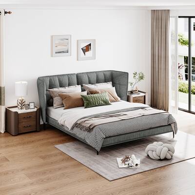 Wingback Bed Frame，Queen Size Bed Frame, linen, Dark Gray