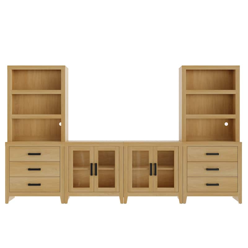 WAMPAT Farmhouse Entertainment Center with Bookshelves, Modular TV Stand with Drawers & Glass Doors - 126"W x 72.2"H x 15.4"D