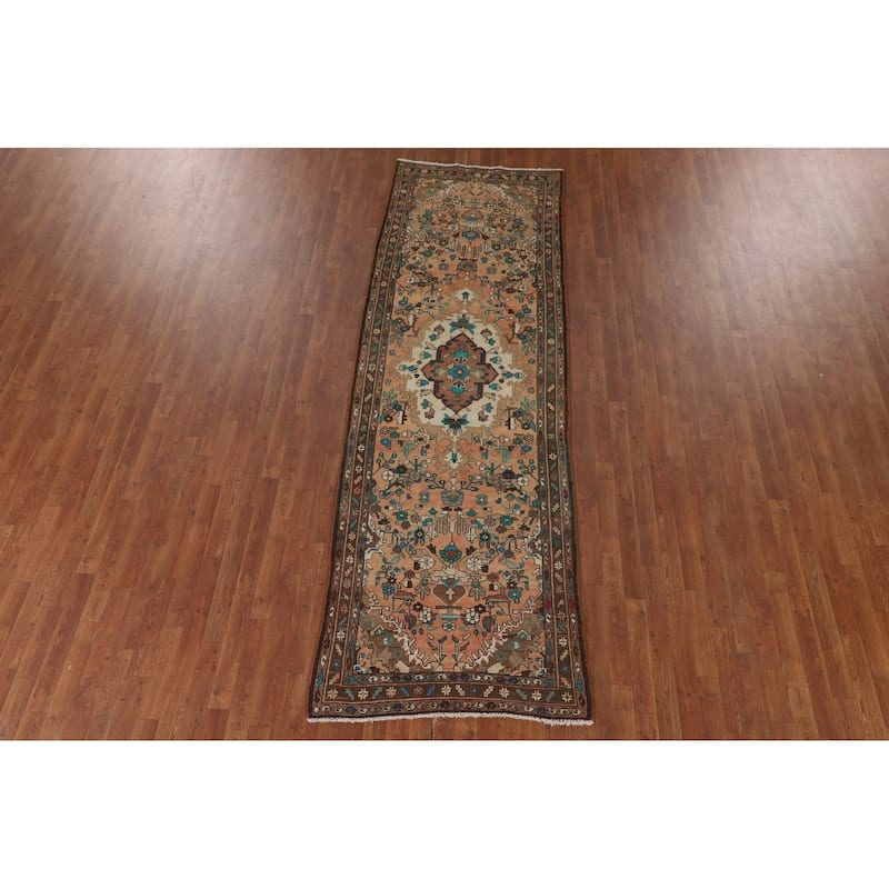Hamedan Persian Vintage Runner Rug Hand-Knotted Wool Carpet - 3'7"x 10'9"