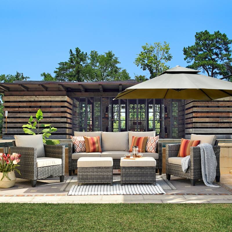 OVIOS Patio Furniture Wicker 5-piece Outdoor High-back Sectional Set - Beige/Black frame