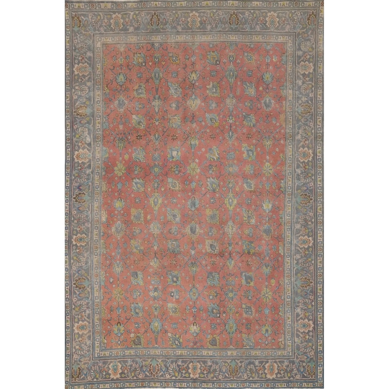 Hand Knotted Oriental 100% Wool Carpet Traditional All-Over Pink Tabriz Area Rug - 12' 8'' X 9' 7''