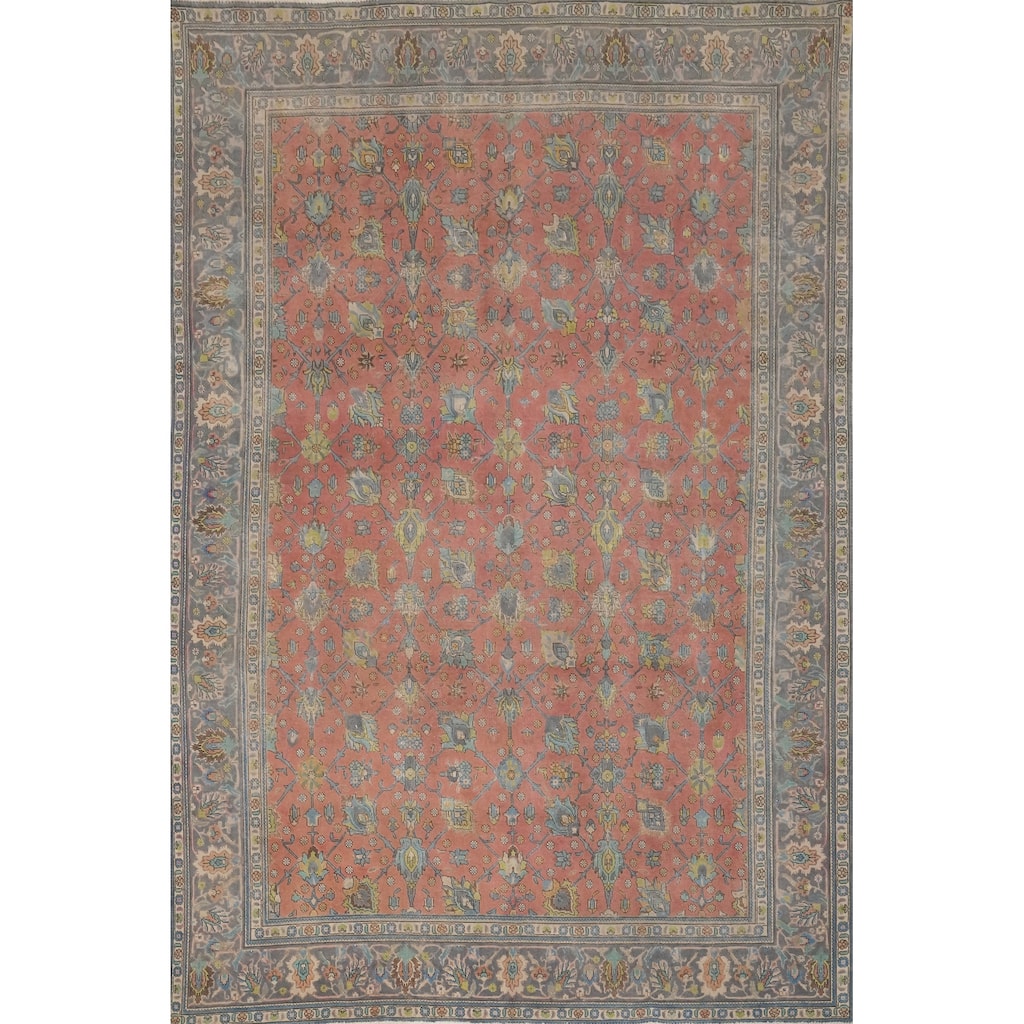 Hand Knotted Oriental 100% Wool Carpet Traditional All-Over Pink Tabriz Area Rug - 12' 8'' X 9' 7''