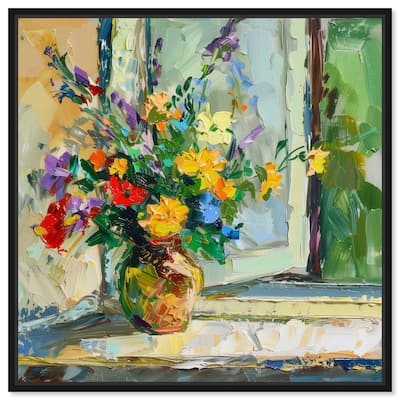 Art Remedy Vase By The Window Framed Impressionism 1 Piece Canvas Wall Art /Monet And Van Gogh Inspired Art