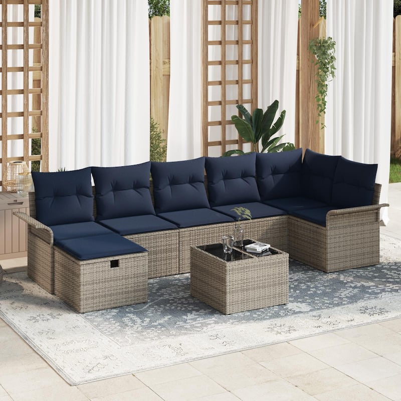 vidaXL 7/8 Piece Garden Sofa Set with Cushions - 117.1×52.2×27.2 - Grey and Navy Blue-with table