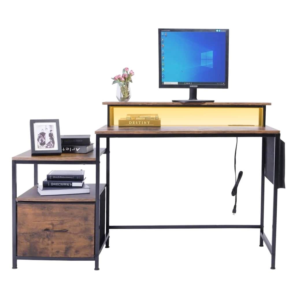 FurnitureR 39" Computer Desk with Power Outlets, USB Ports and Storage Shelves