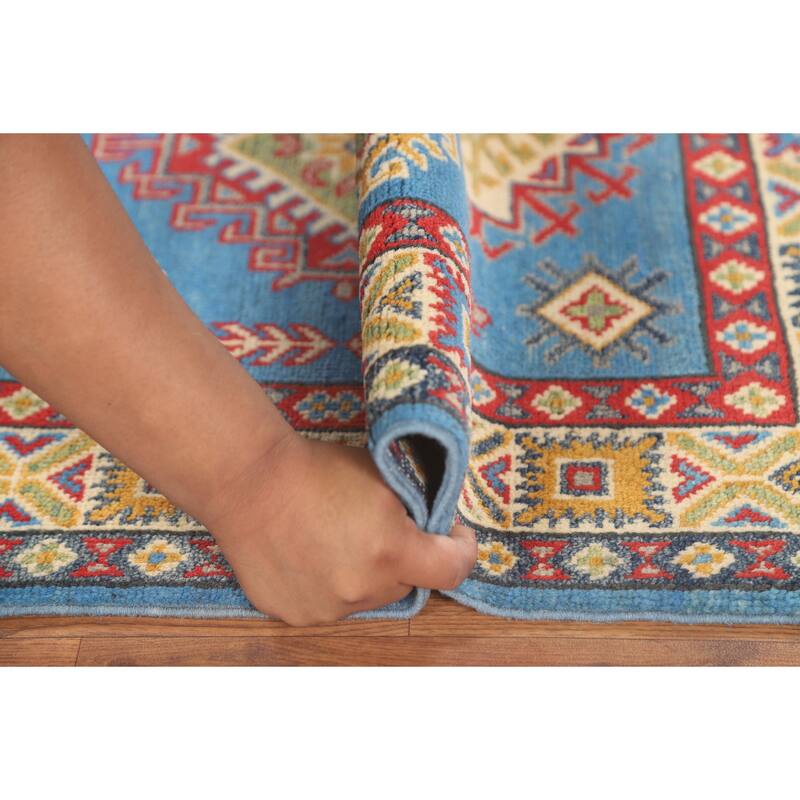 Blue Geometric Kazak Accent Rug Hand-Knotted Bedroom Wool Carpet - 2'7" x 4'0"
