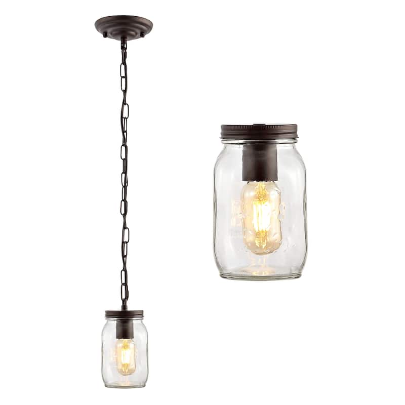 Gaines 5.5" 1-Light Farmhouse Industrial Iron Mason Jar LED Pendant, Oil Rubbed Bronze/Clear by JONATHAN Y