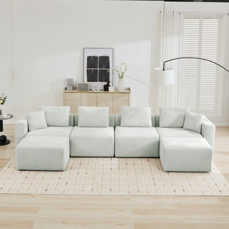 Corduroy Sectional Modular Sofa with Square Arms & Ottoman Extension for Flexible Arrangements