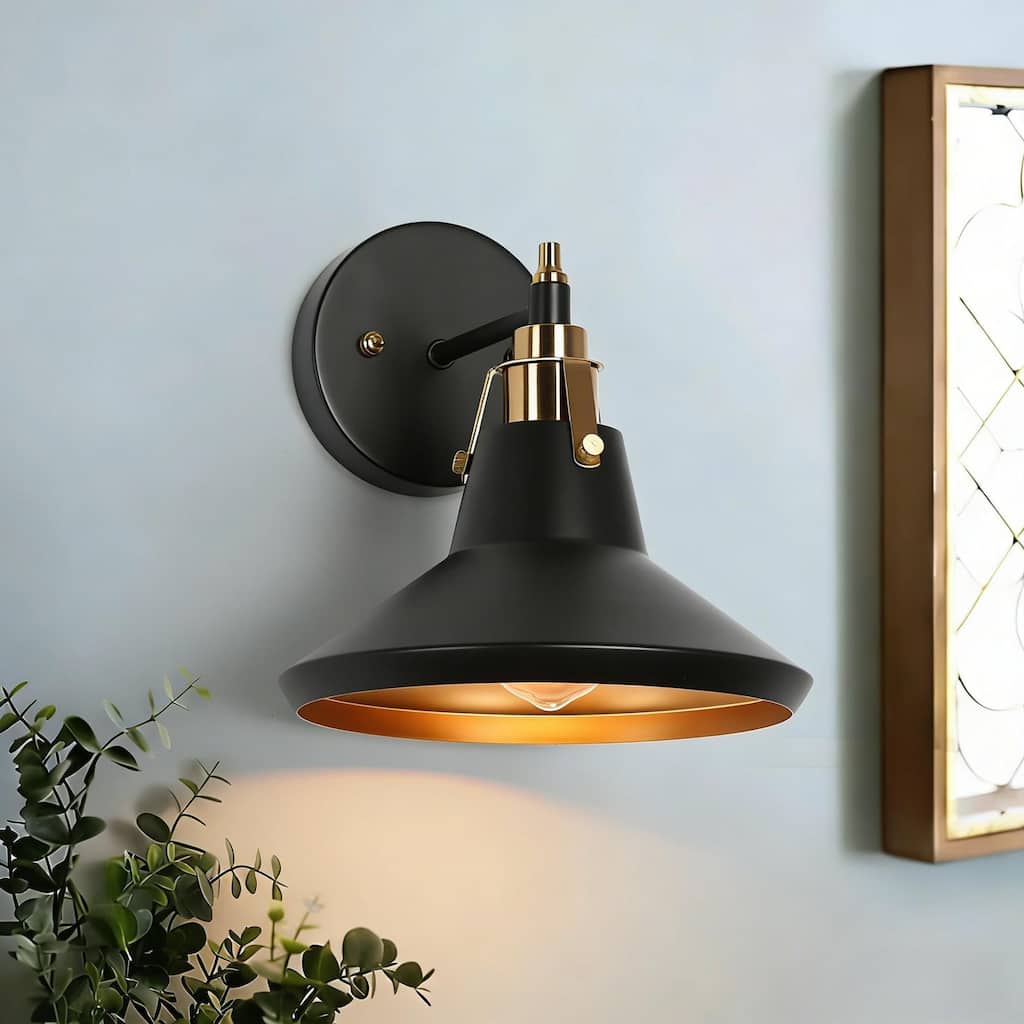 Modern 1-Light Black Gold Wall Sconce Industrial Metal Cone Shade Vanity Light Fixture for Bathroom - 8.5" L x 8.5" W x 9" H