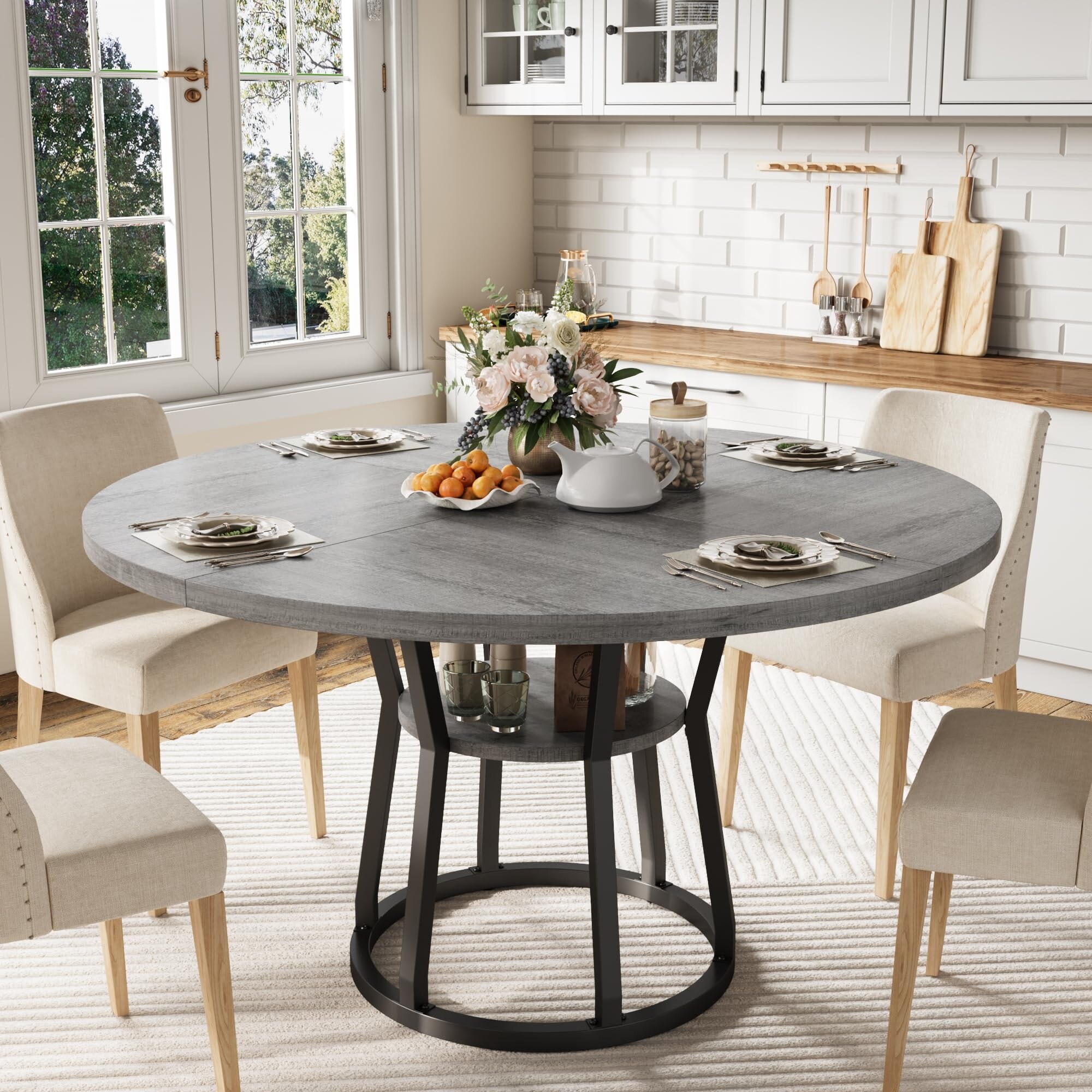 47.2" Round Dining Table for 4-6, Farmhouse Circle Dinner Tables with Storage