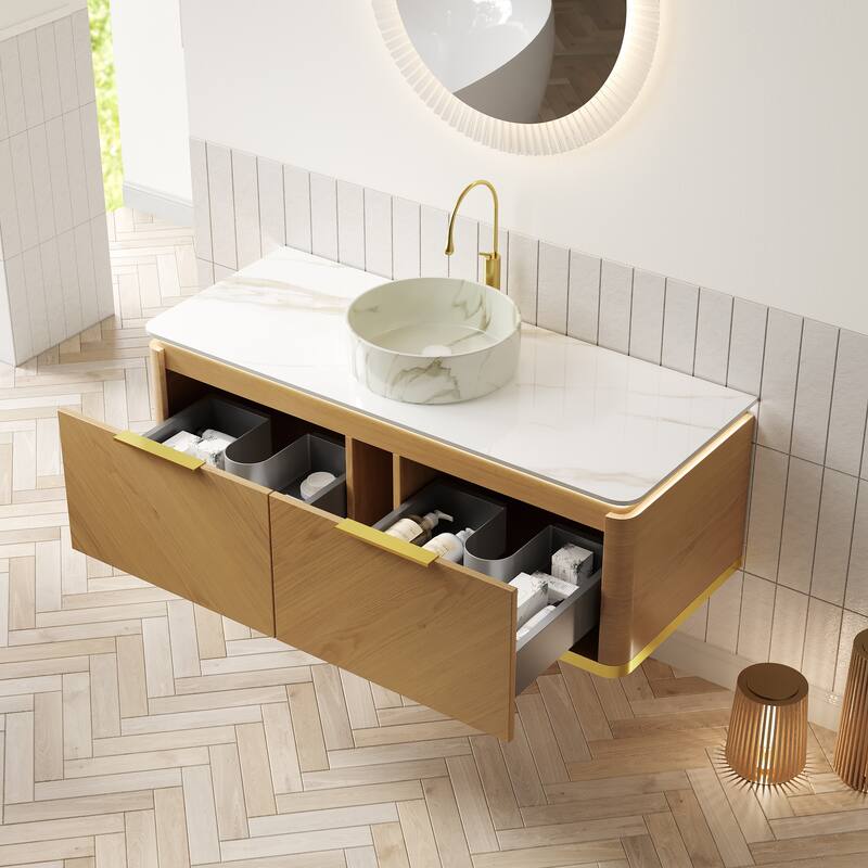 GDFStudio - Dipa Modern 48" Floating Bathroom Vanity with Sensor Light, Drawers & Marble Pattern Ceramic Basin, WITHOUT Faucet