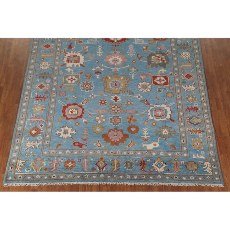 Blue Floral Oushak Area Rug Handmade Wool Carpet - 8'10"x 11'10"
