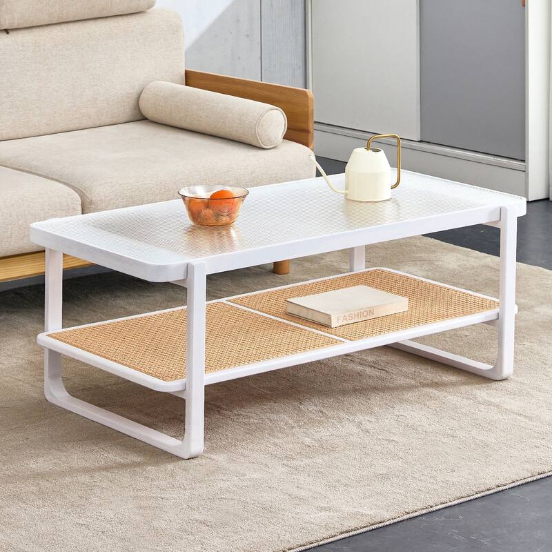 Coffee Table Solid Wood End Table Imitation Rattan Center Table - White