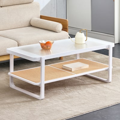 Rattan Coffee Table 2-Tier Wood Tea Table with Glass Tabletop