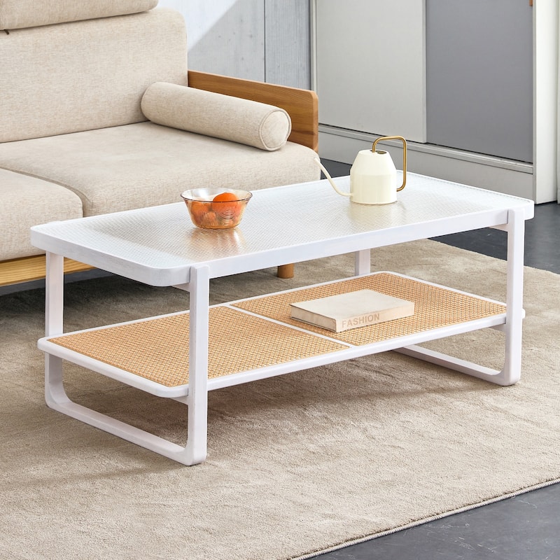 White Double-Layer Coffee Table, Glass Tabletop Imitation Rattan Side Table, Rectangular Solid Wood Table for Living Room - White