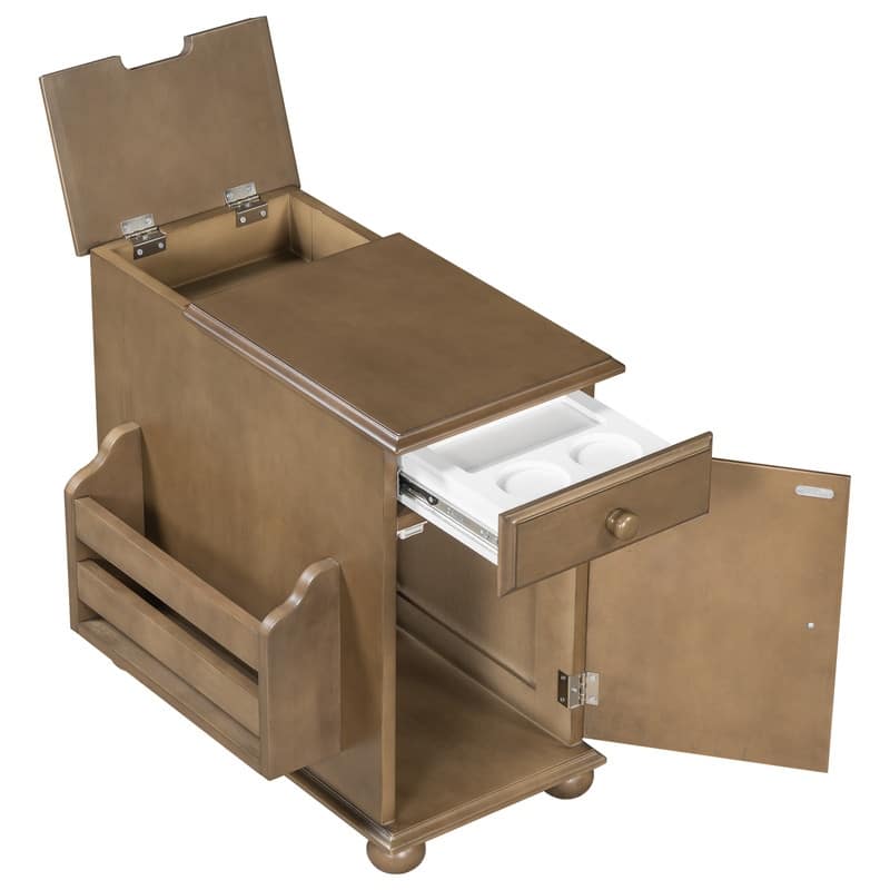 Retro Flip-Top End Table – USB Ports, Cup Holder Drawer & Bookshelf, Ideal for Small Spaces.