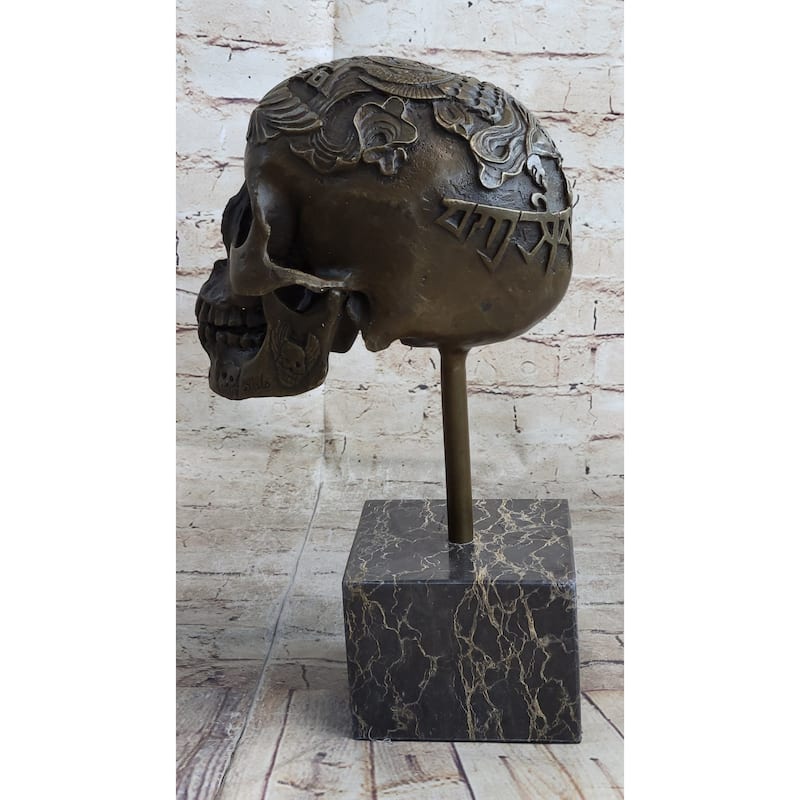 Dios De Los Muertes Day Of The Dead Decorative Bronze Metal Skull Sculpture Statue Marble Base 14 Inches X 10 Inches