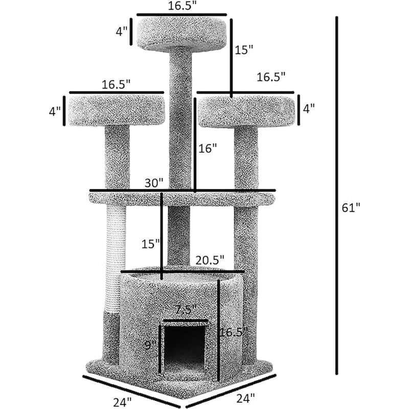 Extra Large Plush Carpet Cat House Tower with Spacious Beds, Thick Sisal Rope Posts and Solid Wood Frame for Big Cats