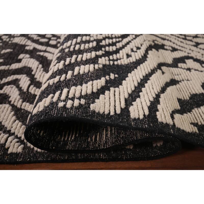 All-Over Black & Ivory Moroccan Abstract Area Rug Handmade Wool Carpet - 8'0"x 10'2"